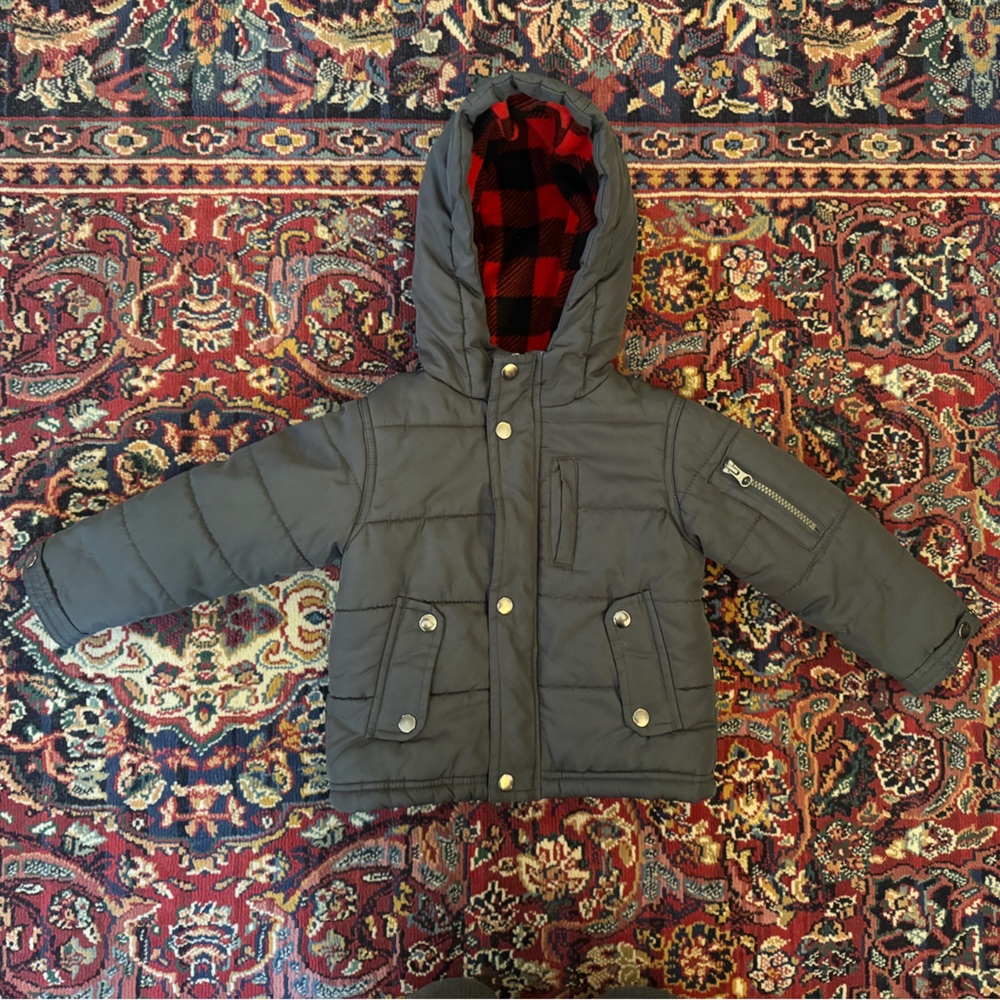 OshKosh Gray Hooded Puffer Jacket with Red Plaid Lining